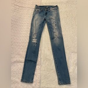 American Eagle low waisted skinny Jean(with rips!), Size:2(X-long), Color:Blue